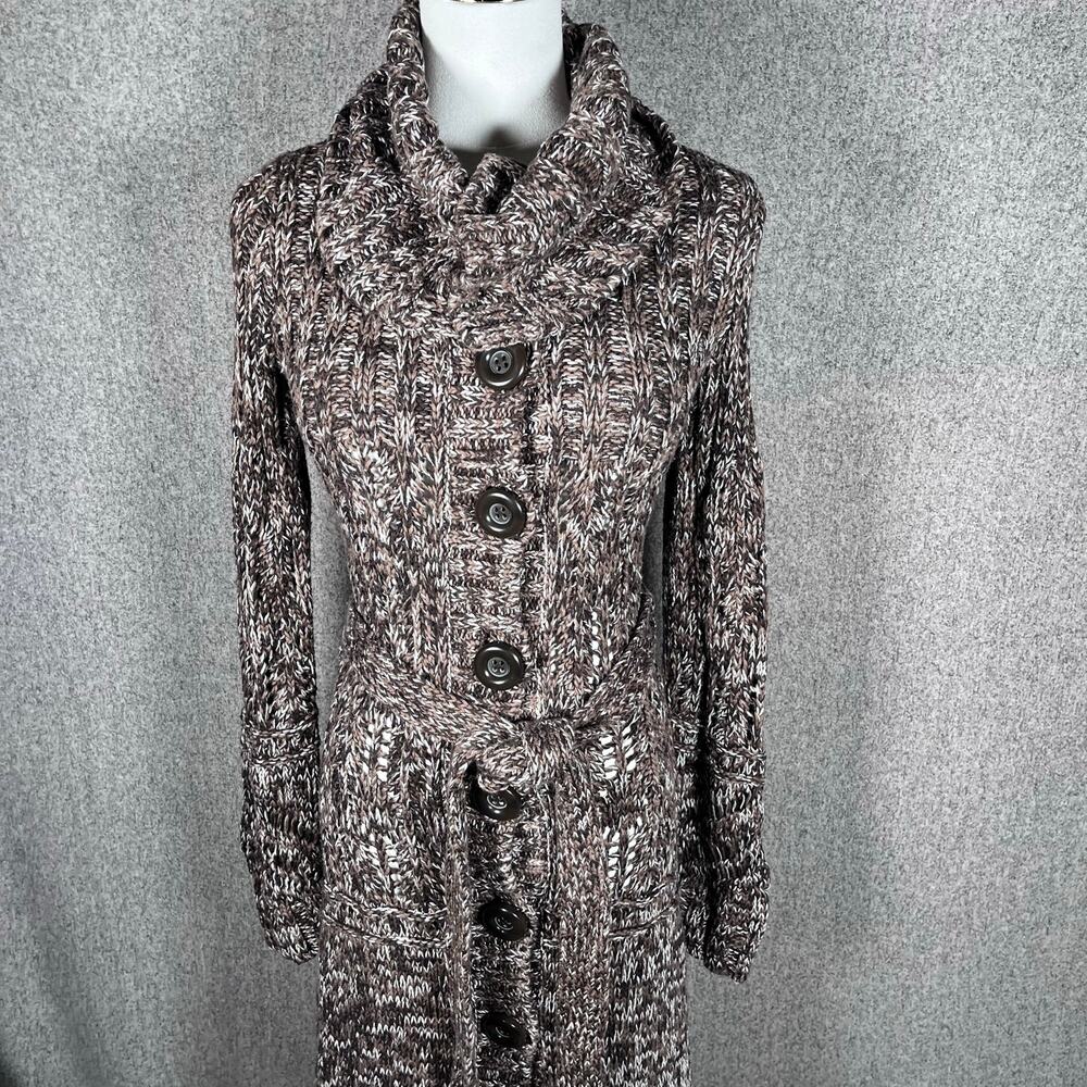 VTG 90s Y2K Chunky Knit Long Duster Cardigan Moda Int Brown Cowl Neck Size Small